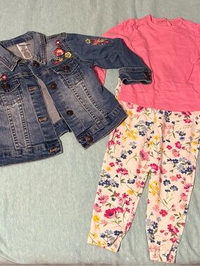 Little Me Denim Jean Jacket with Pink Top & Floral Pants